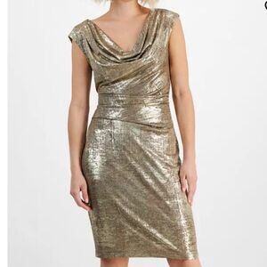 Connected Apparel 8 Petite Metallic Jersey Cowl Neck Dress